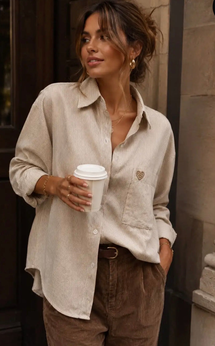 Chemise femme rayée taupe Annie avec cœur brodé – Gypsy Bohème