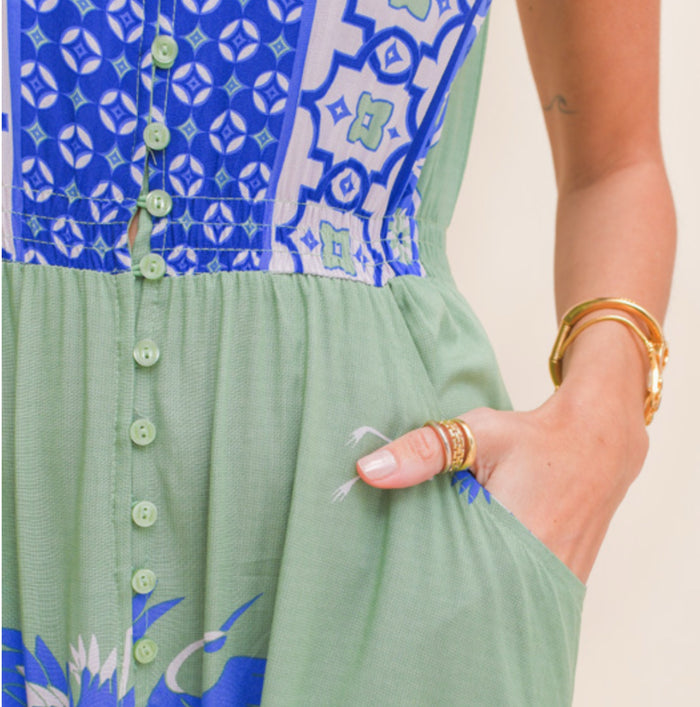 Robe Celina vert sauge imprimé bleu