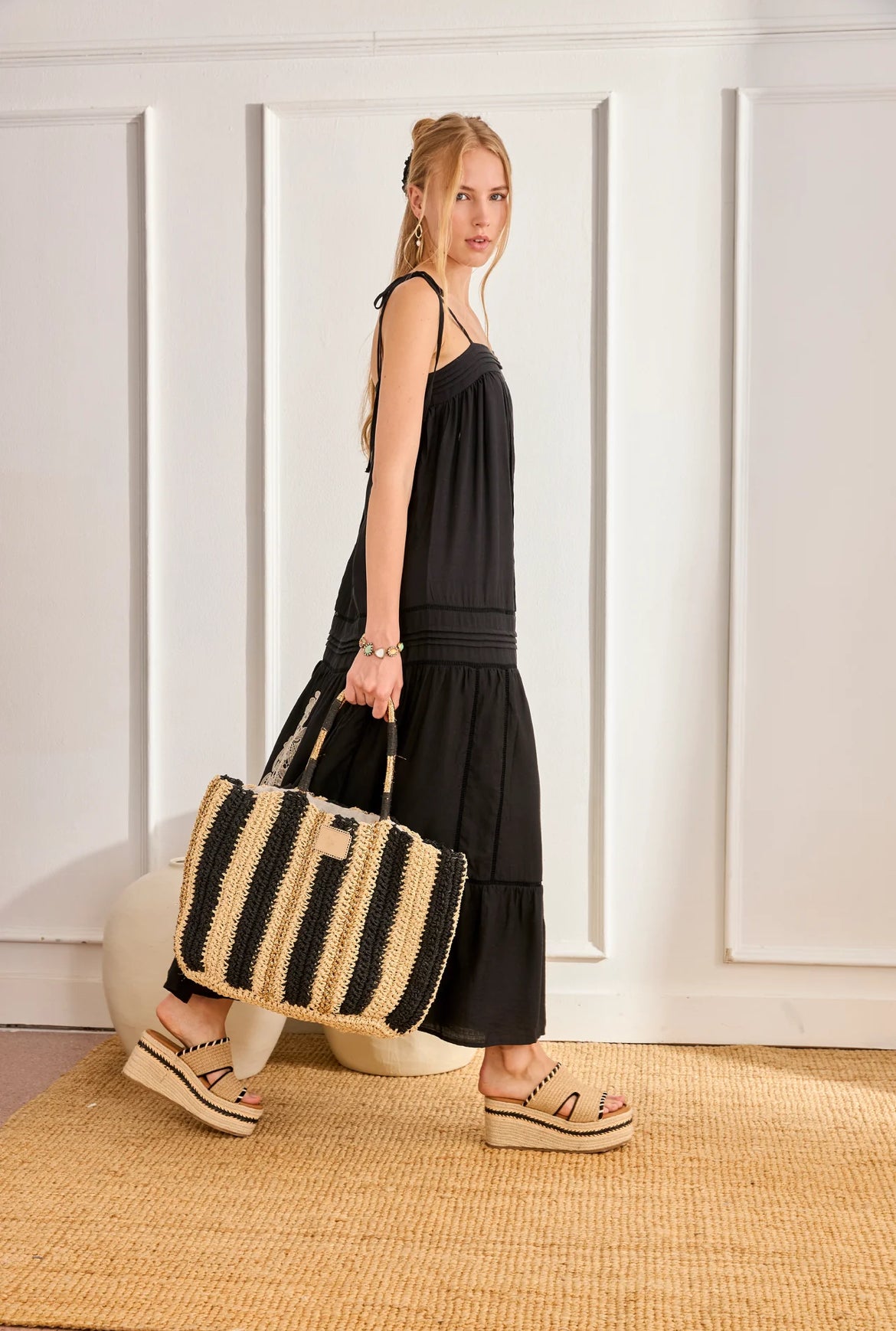 Sac KAROMI – Raphia Rayures Noir & Lurex Doré