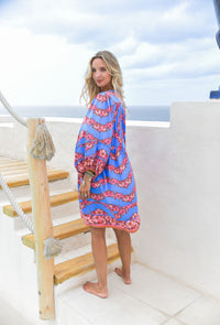 Robe Bohème Courte FLOWER Bleu & Rose