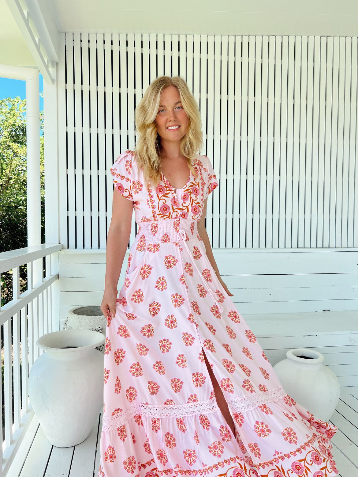 Robe longue bohème rose Azalée