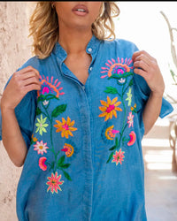 robe bohème bleue brodée femme