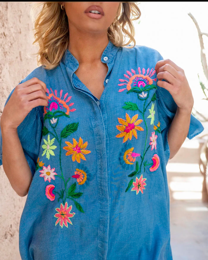 robe bohème bleue brodée femme