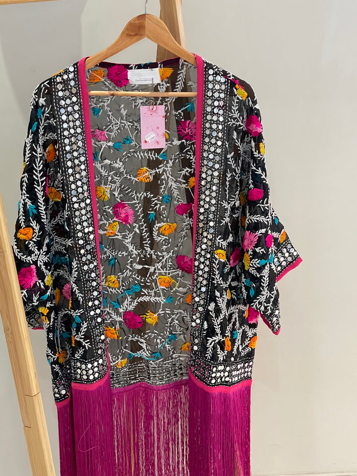 Kimono à frange noir/rose