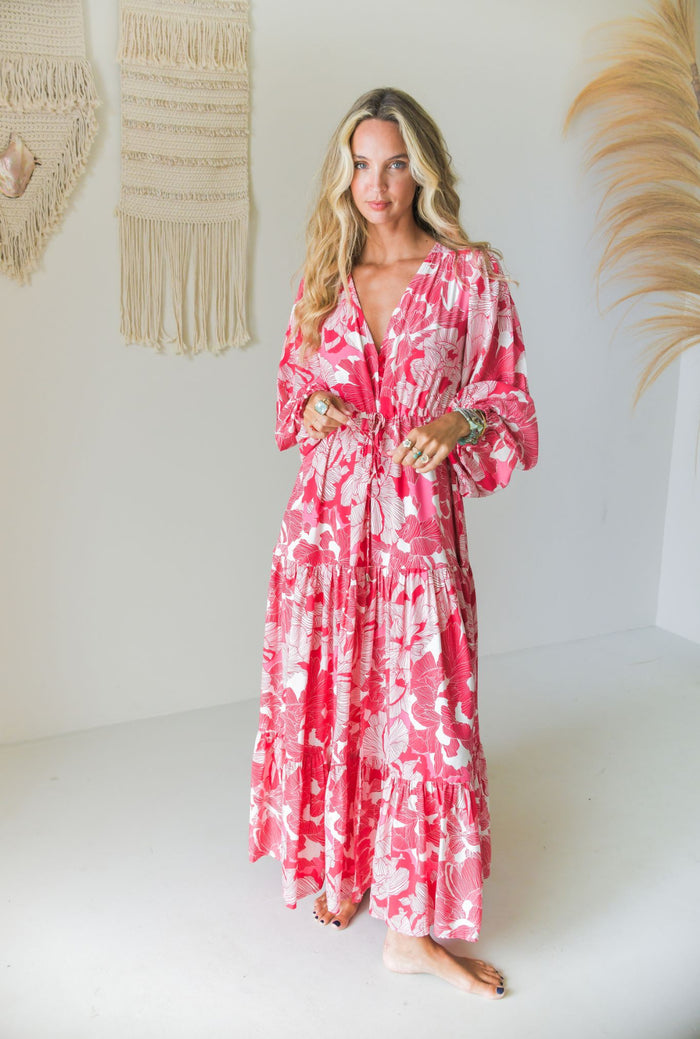 Robe Longue Bohème SCARLETT Rouge & Écru