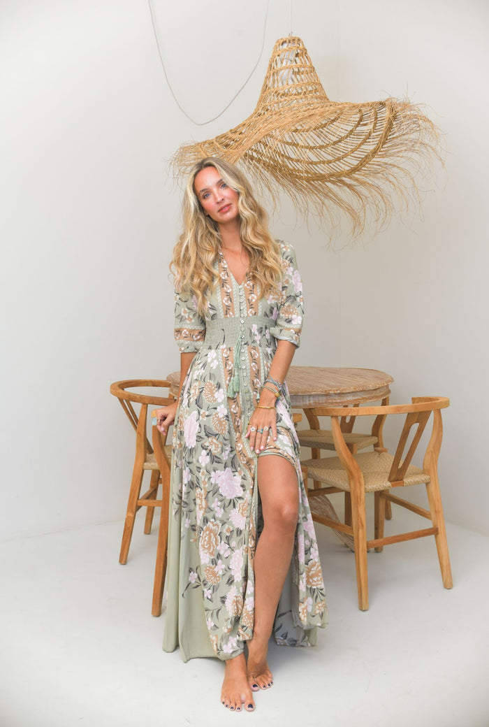 Robe longue bohème LORENA vert sauge