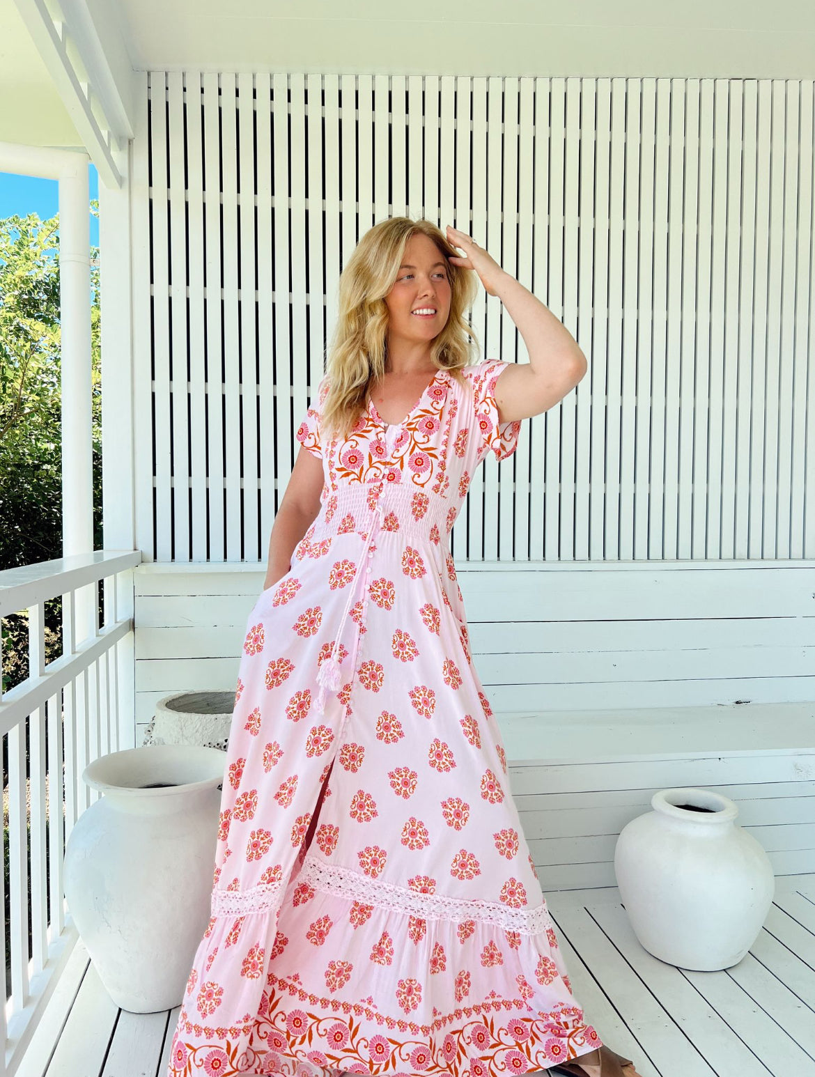 Robe longue bohème rose Azalée