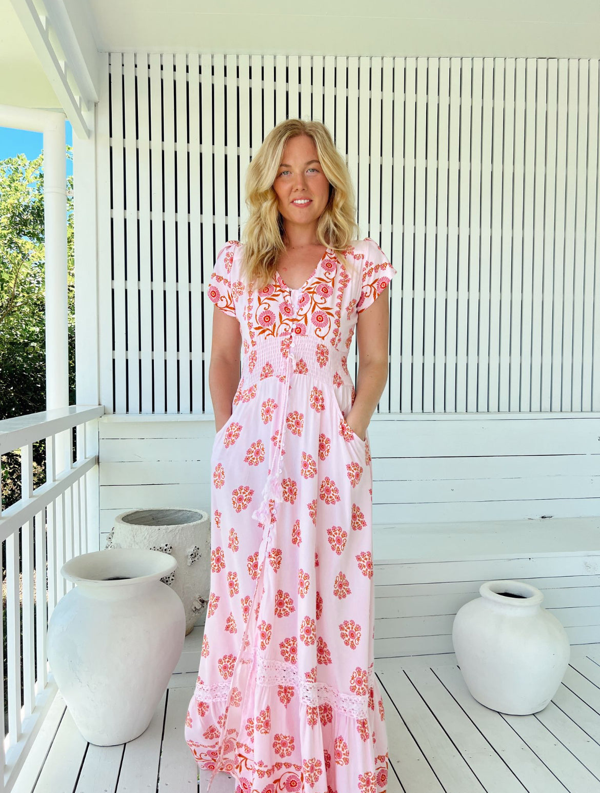 Robe longue bohème rose Azalée