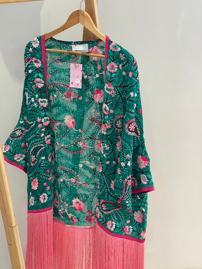 Kimono brodé à frange vert/rose