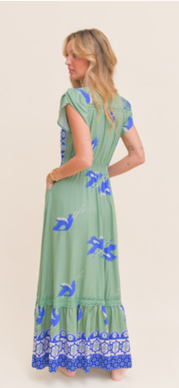 Robe Celina vert sauge imprimé bleu