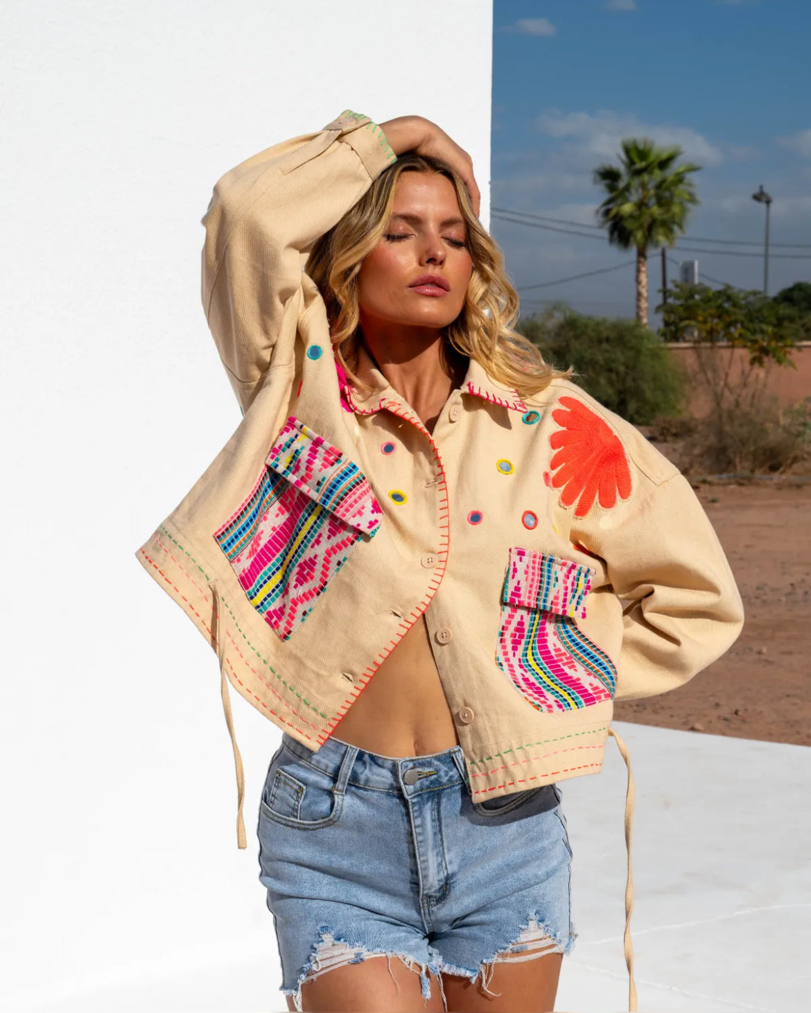 	veste bohème azteca brodée beige femme