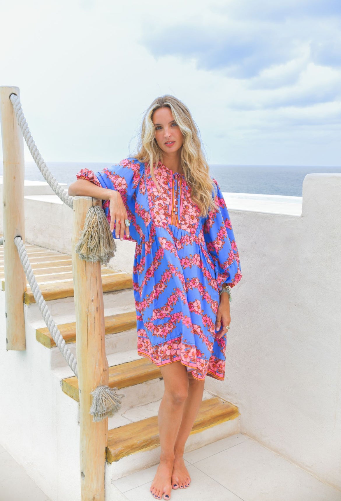 Robe Bohème Courte FLOWER Bleu & Rose