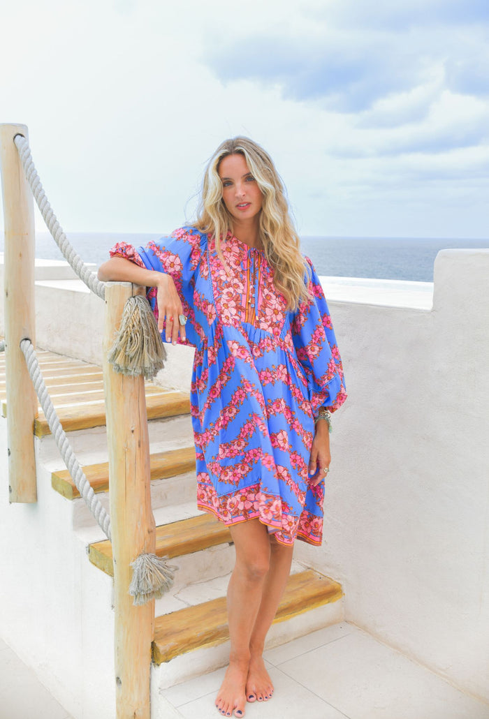 Robe Bohème Courte FLOWER Bleu & Rose