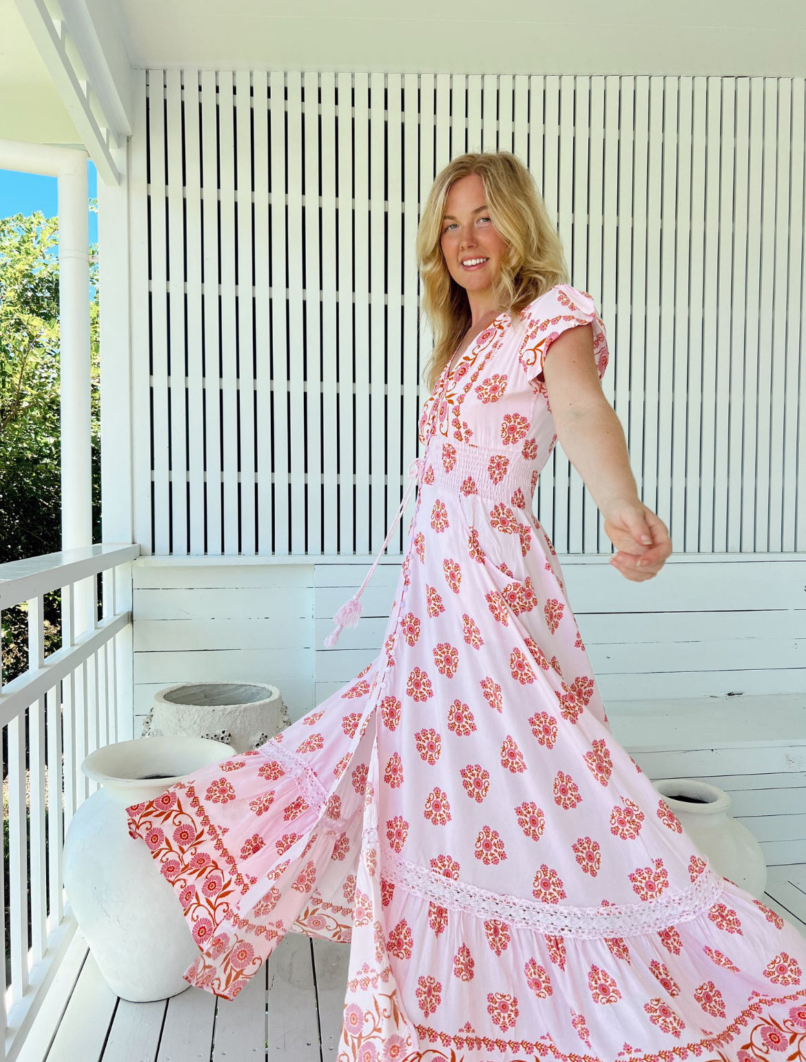 Robe longue bohème rose Azalée