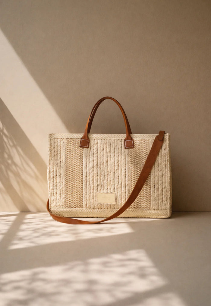 Sac shopper bohème en raphia naturel avec anses cuir ESQU
