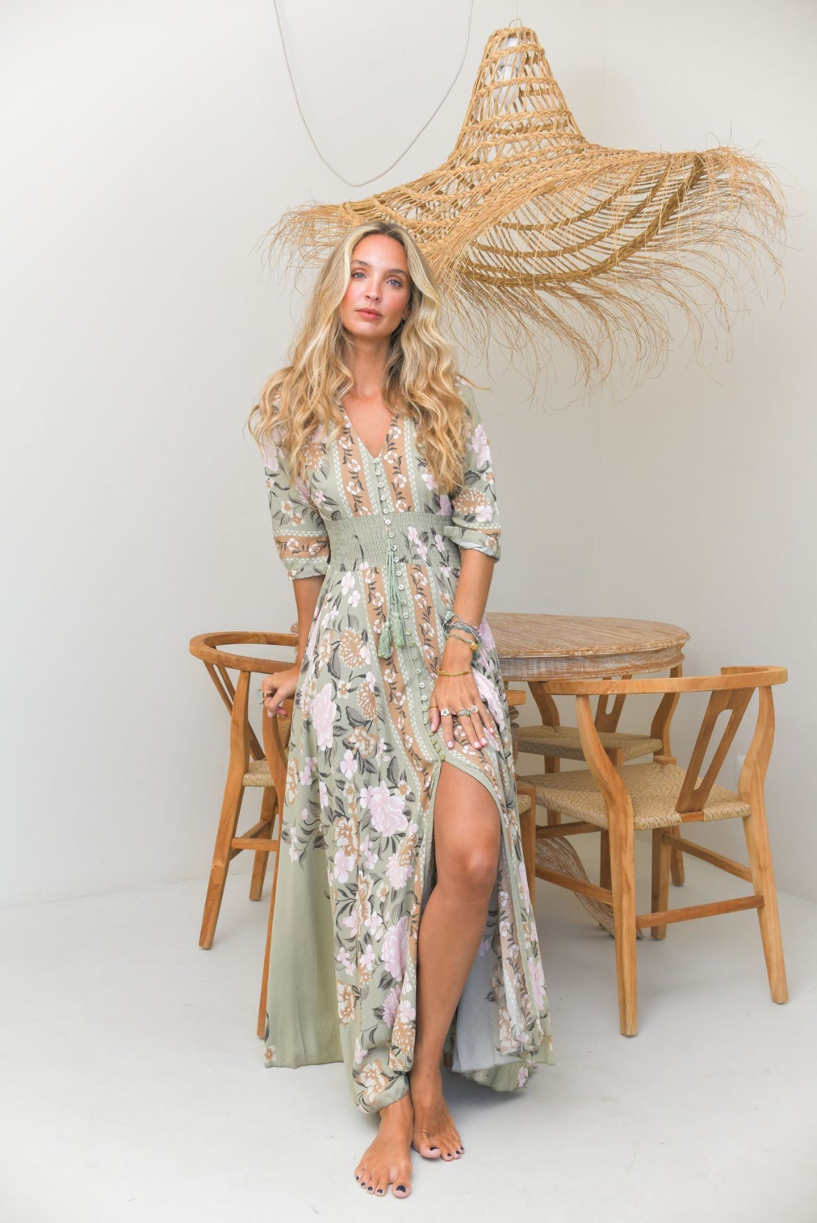 Robe longue bohème LORENA vert sauge
