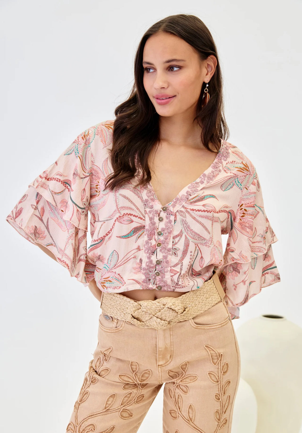 Top Maya bohème imprimé floral rose vue de face