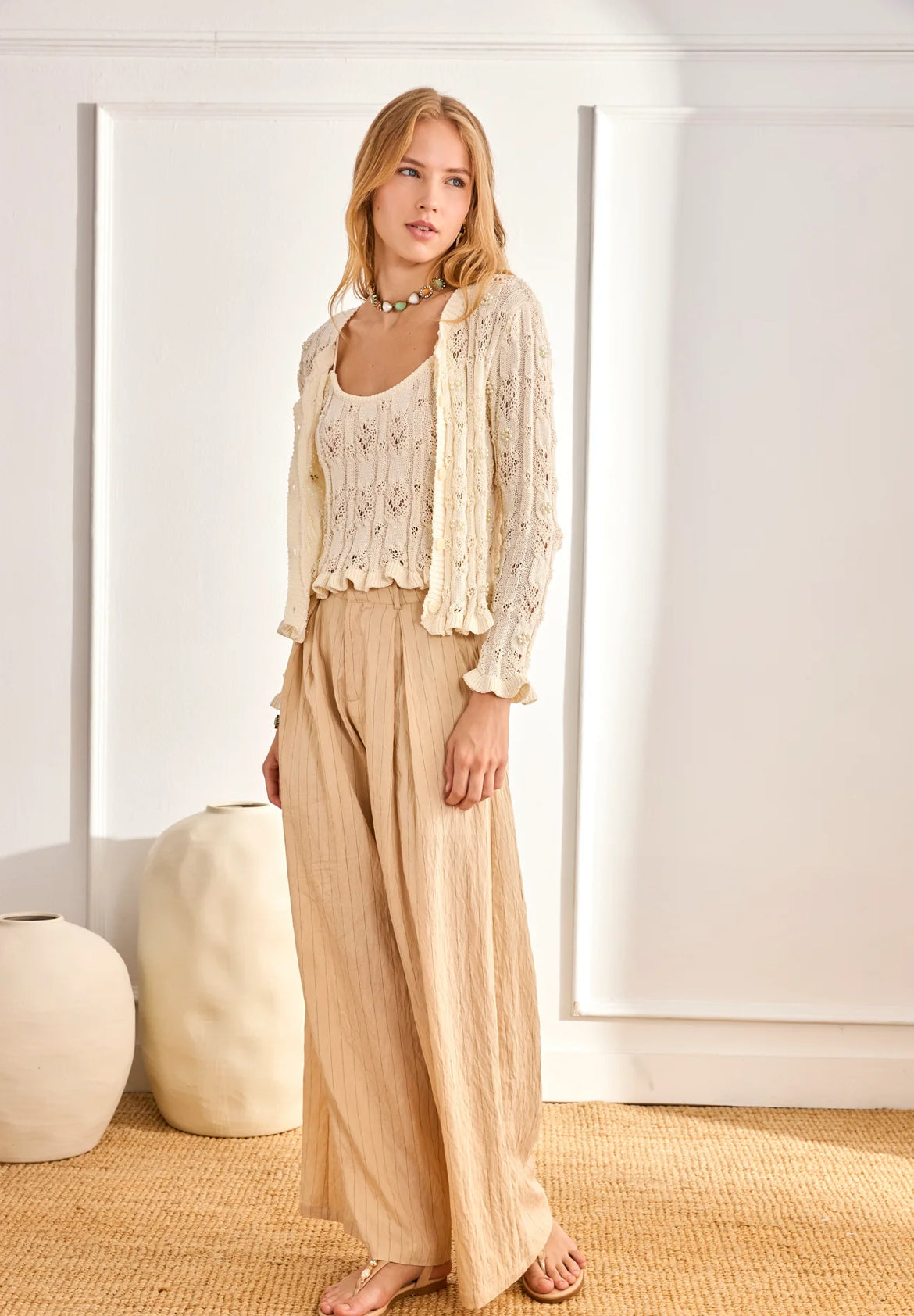 Pantalon HÉRA beige bohème chic – coupe fluide taille haute