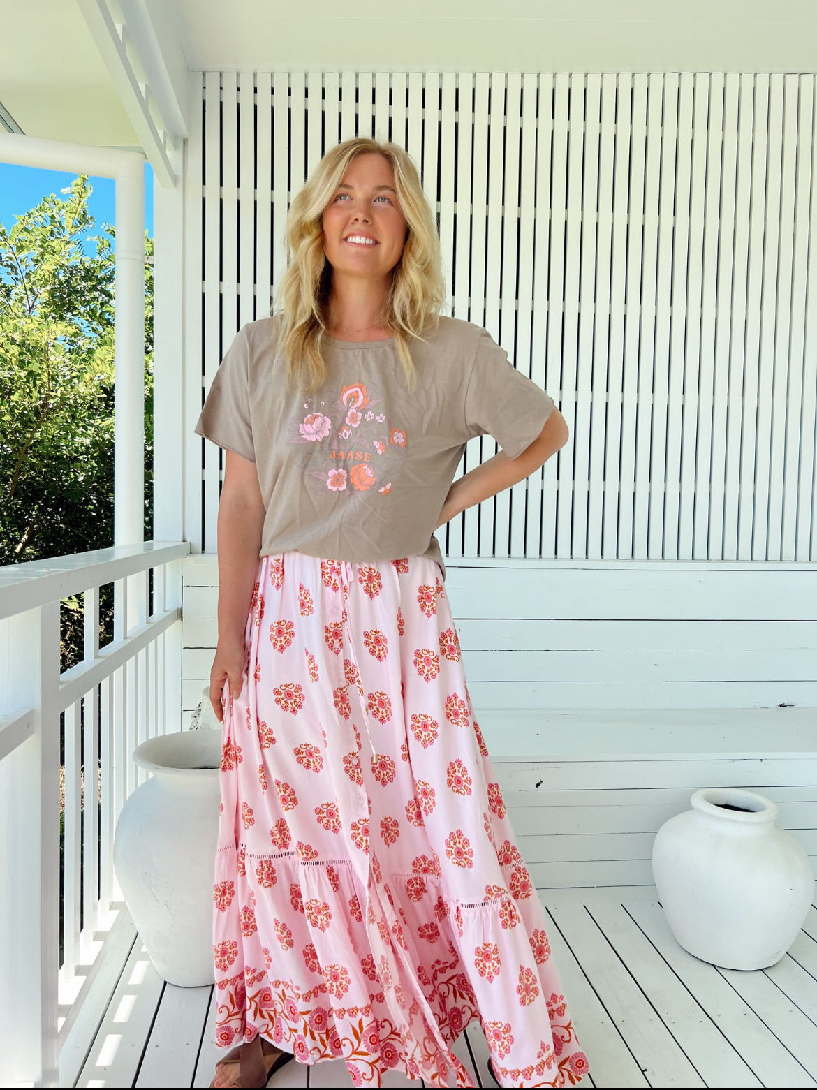 Jupe longue bohème rose Azalée