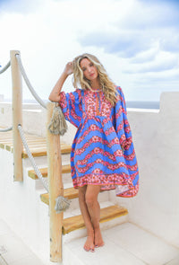 Robe Bohème Courte FLOWER Bleu & Rose