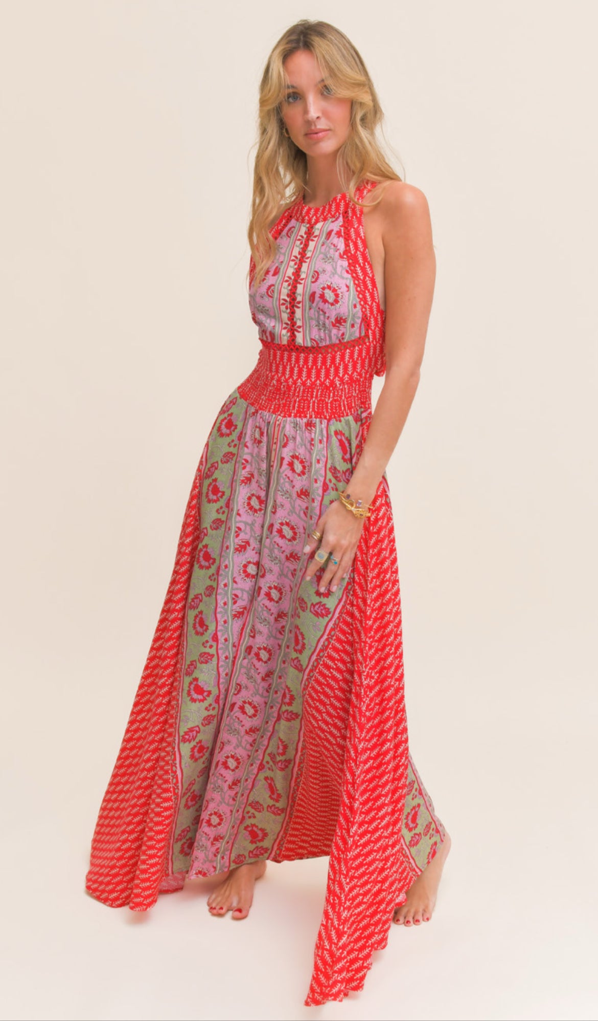 robe longue bohème rouge imprimée femme