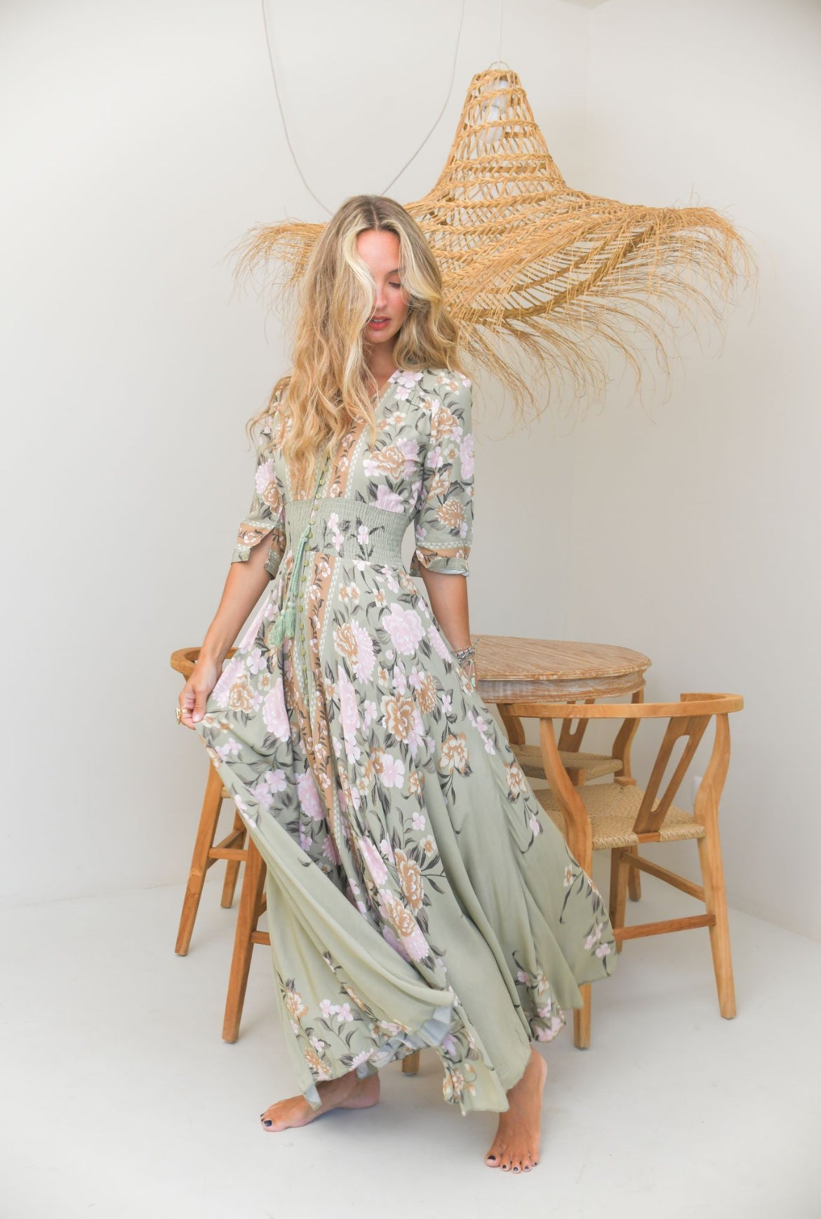 Robe longue bohème LORENA vert sauge