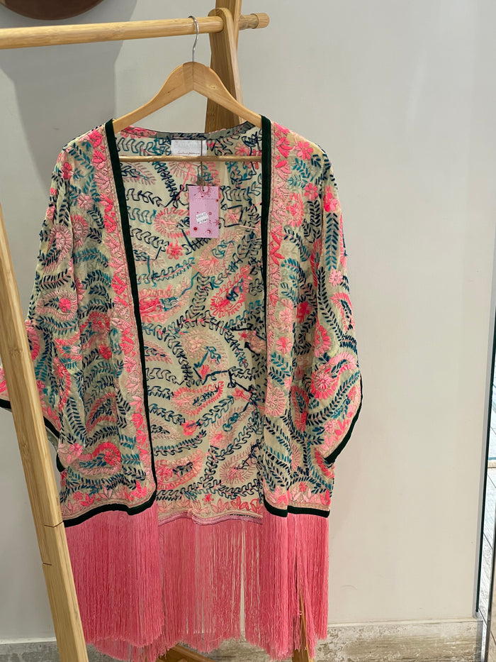 Kimono brodé à frange Rose