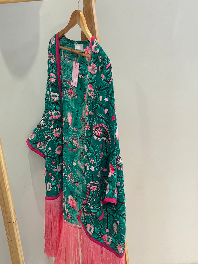 Kimono brodé à frange vert/rose