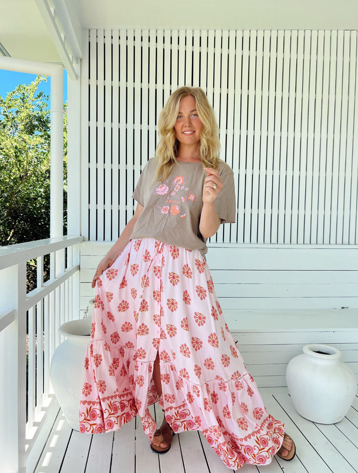 Jupe longue bohème rose Azalée