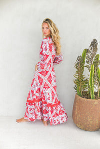 Robe Solea – Robe Longue Bohème Rouge Imprimé Bandana Chic