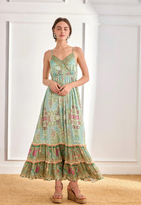 	Robe longue bohème verte imprimée JOMI face