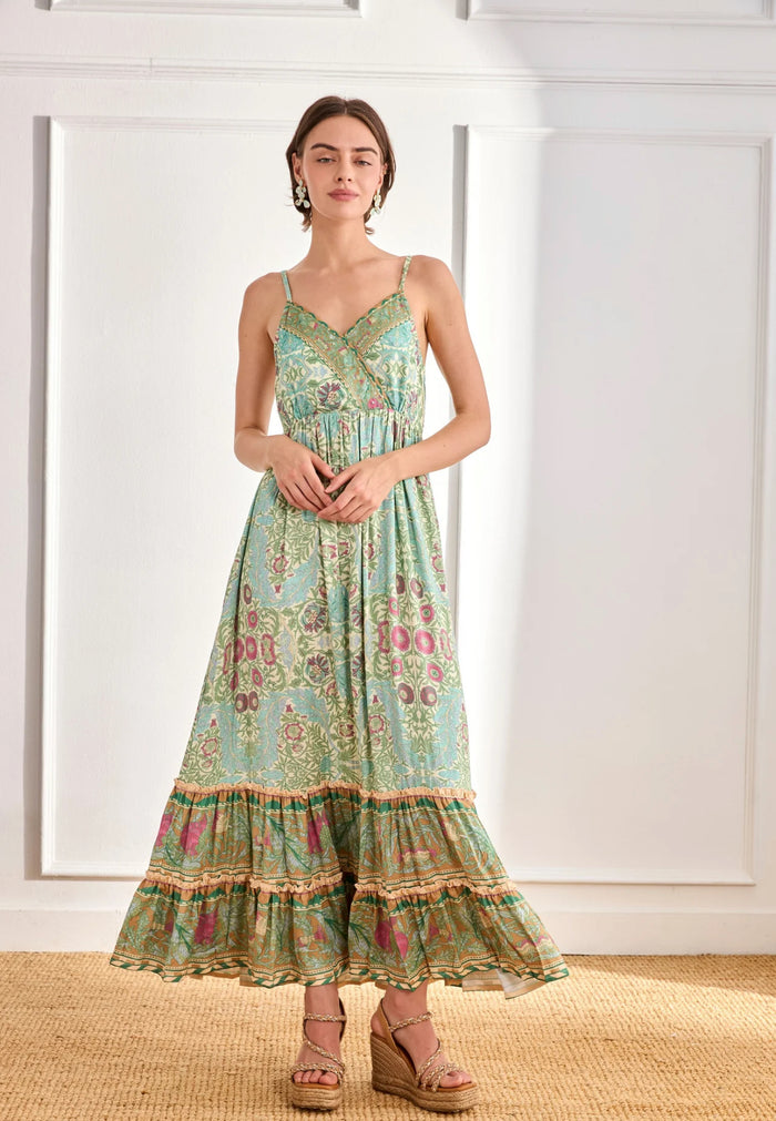 	Robe longue bohème verte imprimée JOMI face