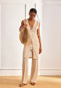 	•	Pantalon AMON beige maille fine coupe fluide