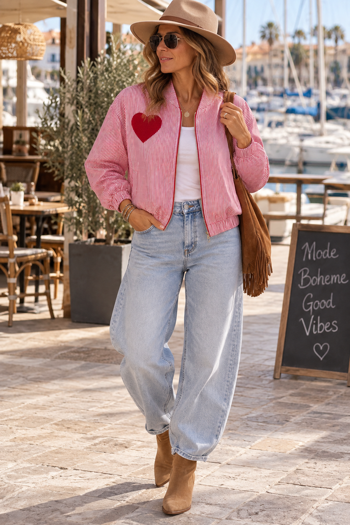 Bomber Janis rayé femme à épaulettes avec cœur rouge – Gypsy Bohème