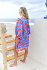 Robe Bohème Courte FLOWER Bleu & Rose