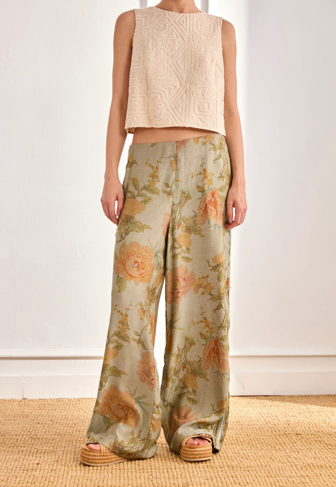 Pantalon large CALOS – Imprimé floral vert sauge