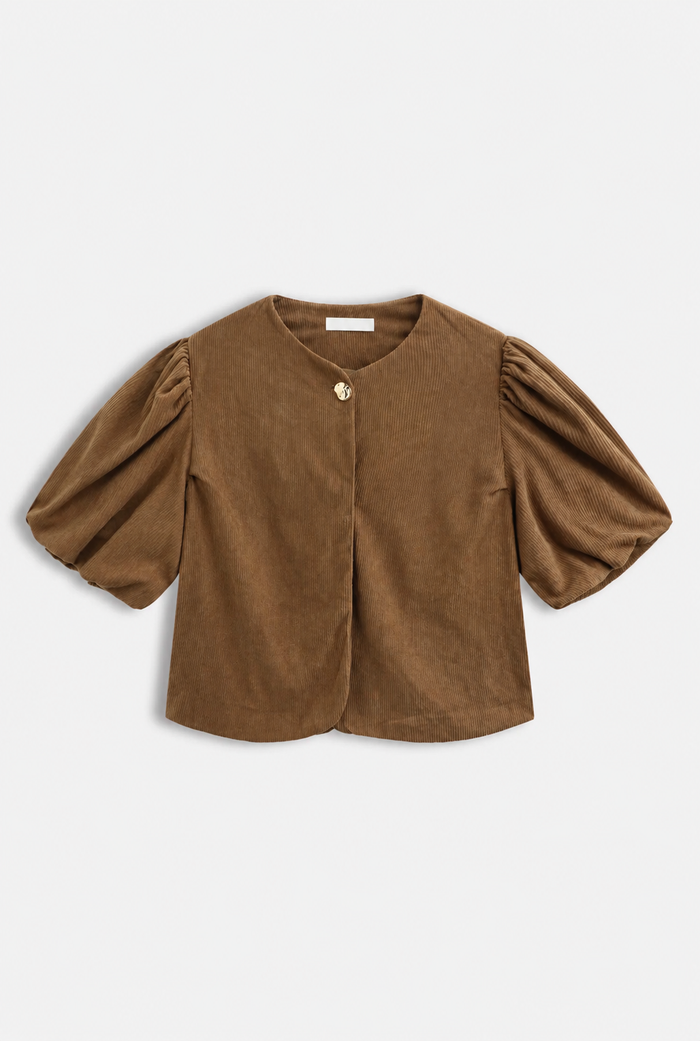 Veste Charlie chocolat femme manches ballon et bouton doré – Gypsy Bohème