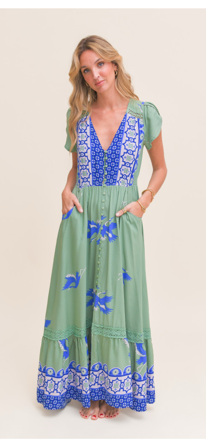Robe Celina vert sauge imprimé bleu
