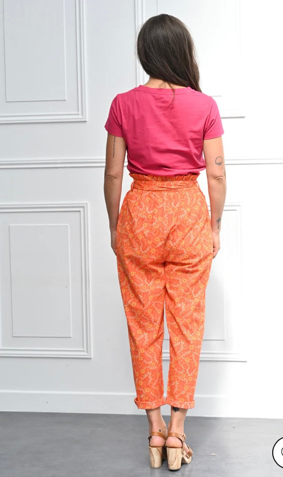 pantalon femme orange taille haute marquée