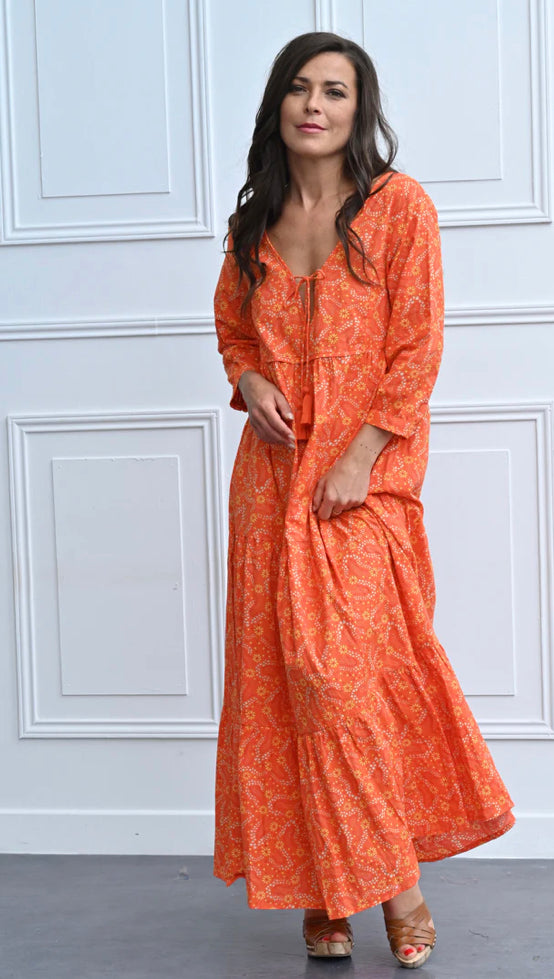 robe longue orange imprimé fleuri